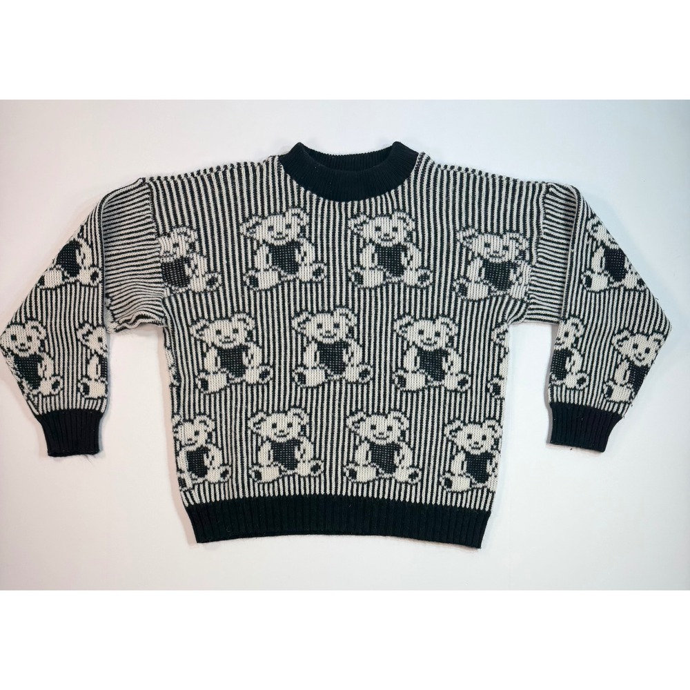 Vintage Adele Knitwear Teddy Bear Striped Sweater Black White Made in USA Womens